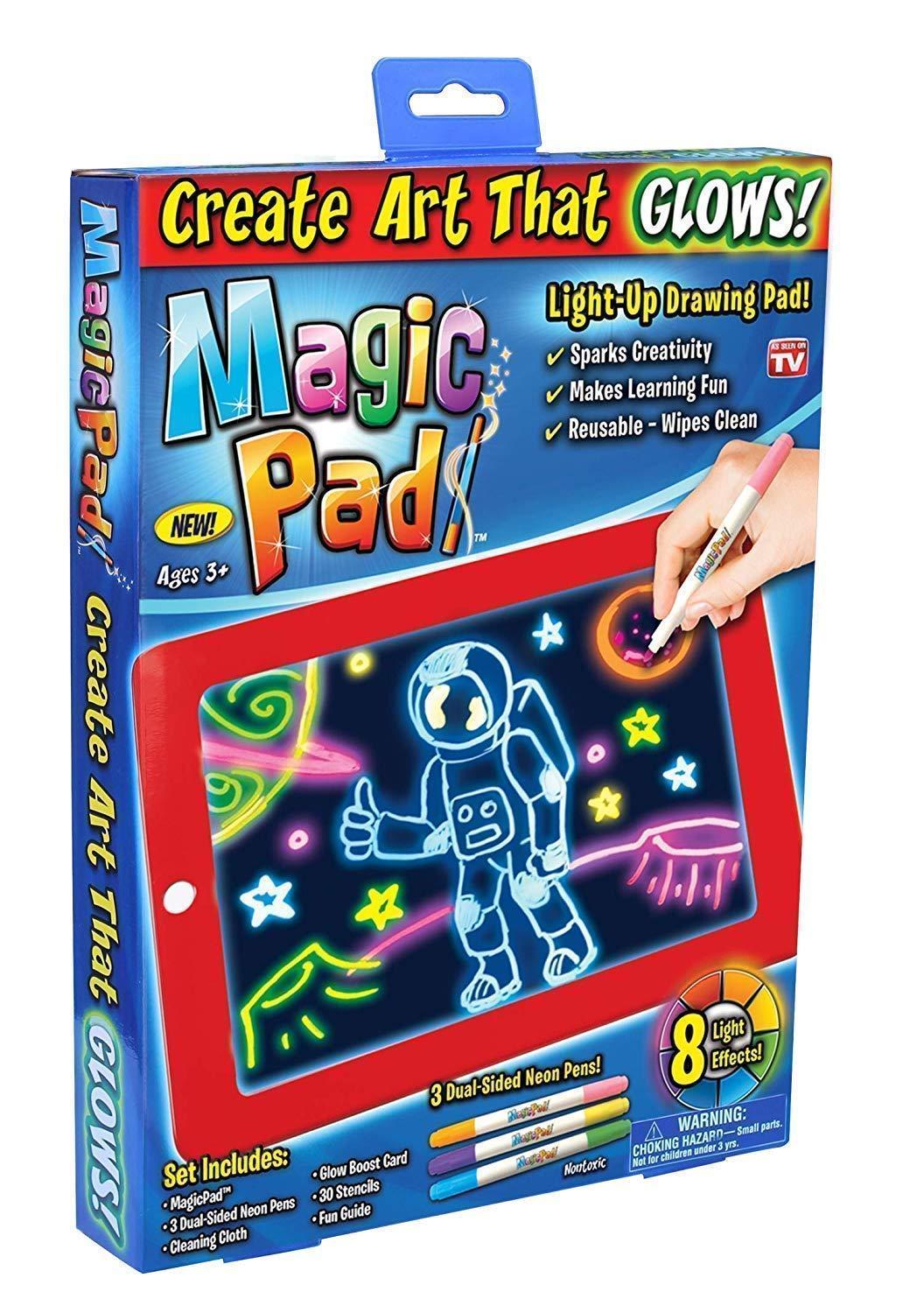 Magic Sketch Drawing Pad Light Up LED Glow Board Draw, Sketch,Doodle, Art, Write, Learning Tablet,Includes 3 Dual Side Markets, 30 Stencils 8 Colorful Effects for Kids Random Color