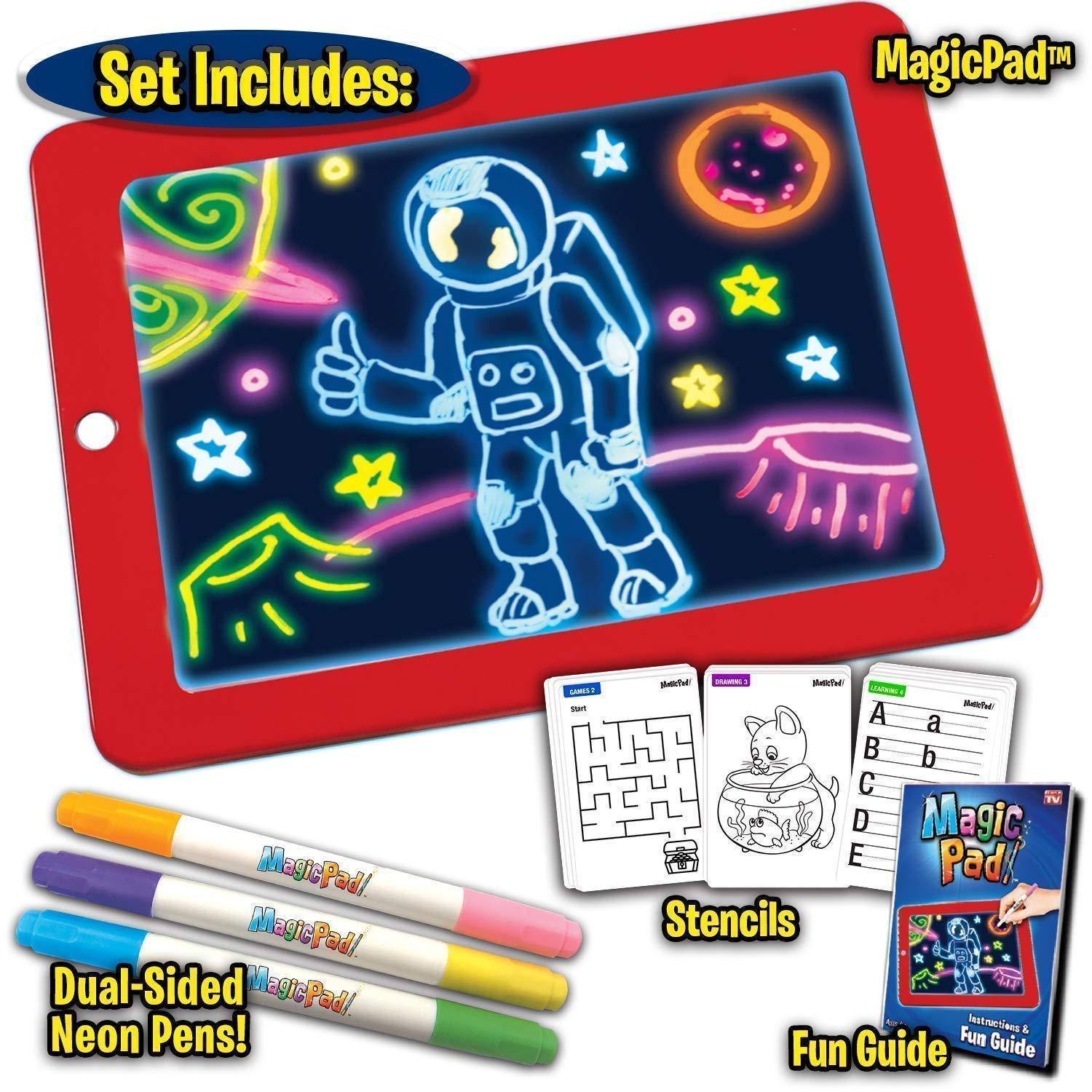Magic Sketch Drawing Pad Light Up LED Glow Board Draw, Sketch,Doodle, Art, Write, Learning Tablet,Includes 3 Dual Side Markets, 30 Stencils 8 Colorful Effects for Kids Random Color