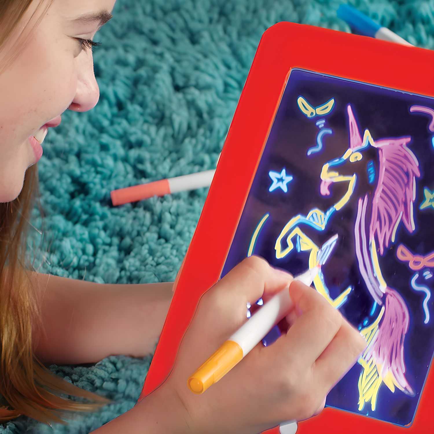 Magic Sketch Drawing Pad Light Up LED Glow Board Draw, Sketch,Doodle, Art, Write, Learning Tablet,Includes 3 Dual Side Markets, 30 Stencils 8 Colorful Effects for Kids Random Color